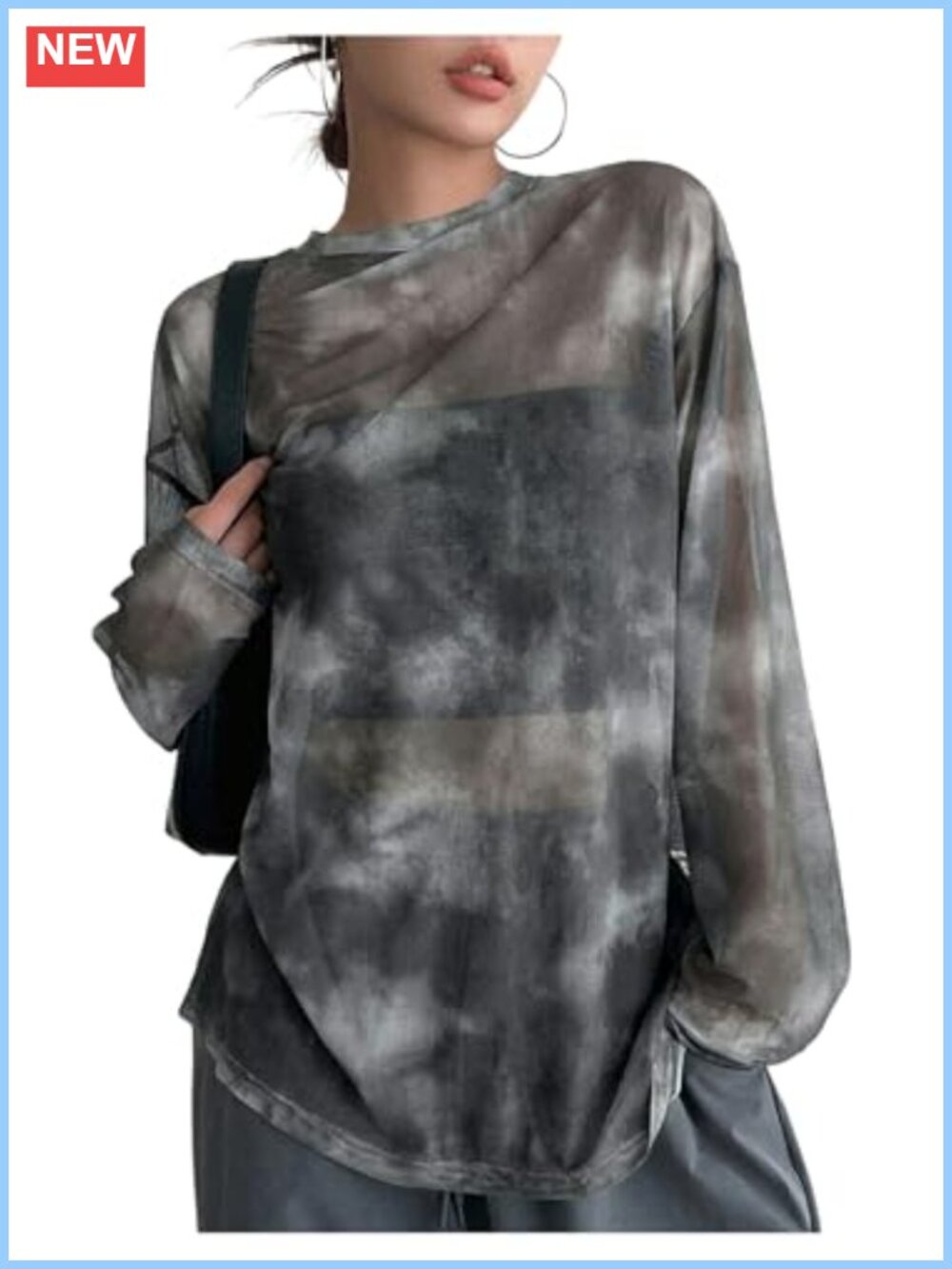 Sheer Mesh Long Sleeve Top Tie Dye Drop Shoulder Oversized Y2k Streetwear